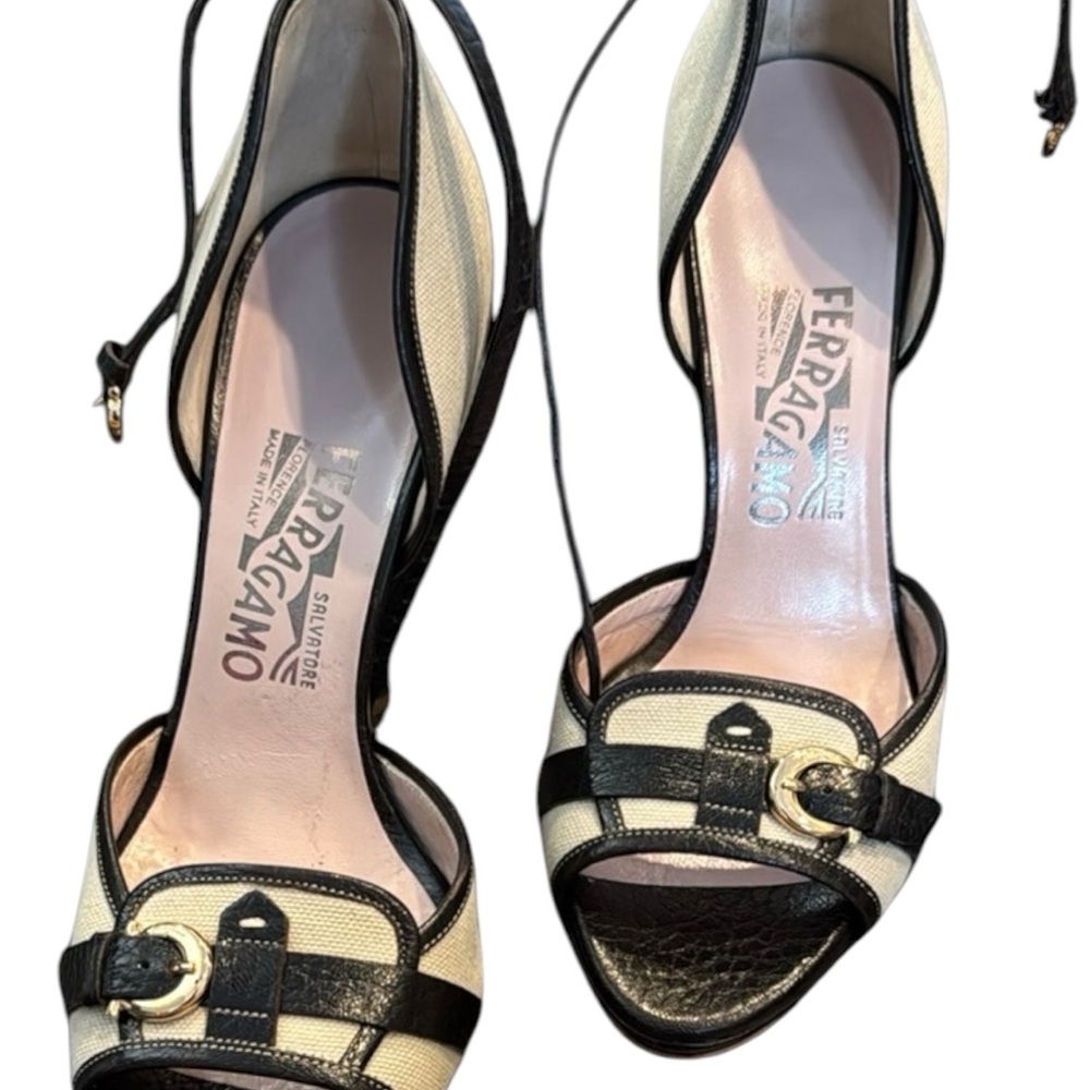 Salvatore Ferragamo Black and White Heels with Gold Accent